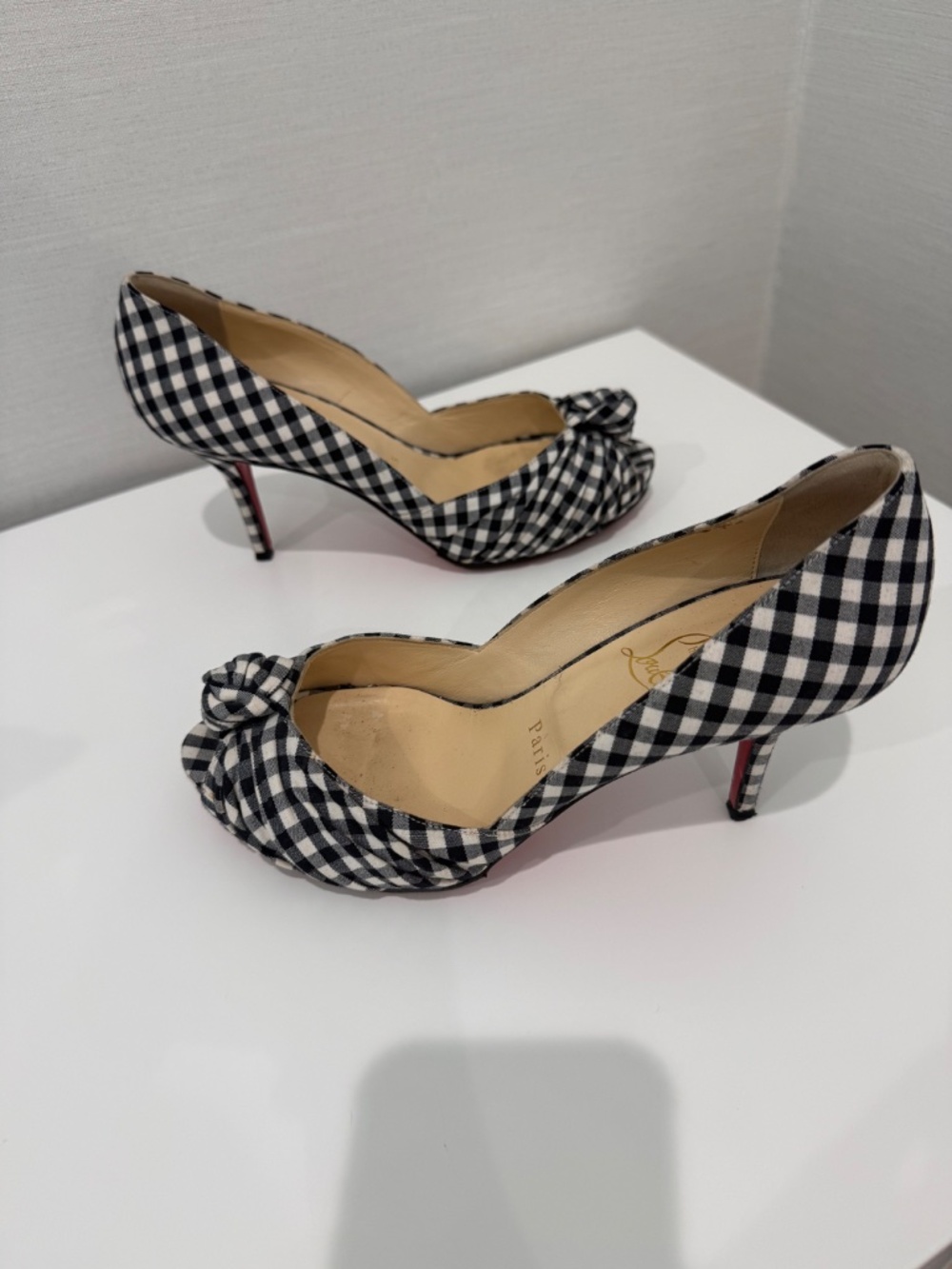 Christian Louboutin Black Gingham Peep Toe Heels 37 EU - Picture 4 of 9